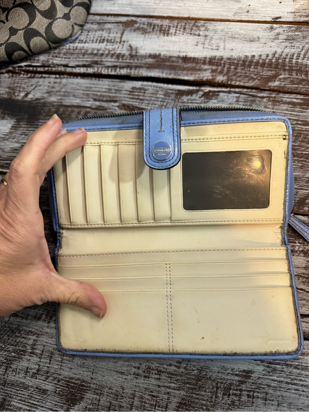 Coach Signature Tote with Blue and Cream Stripe with Wallet & Change Pouch - Picture 7 of 16